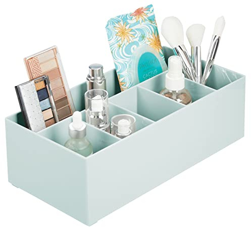mDesign Schminkaufbewahrung für Wasch- oder Schminktische – Aufbewahrungsbox aus BPA-freiem Kunststoff für Make-up – moderner Kosmetik Organizer mit 6 Fächern – Mint grün