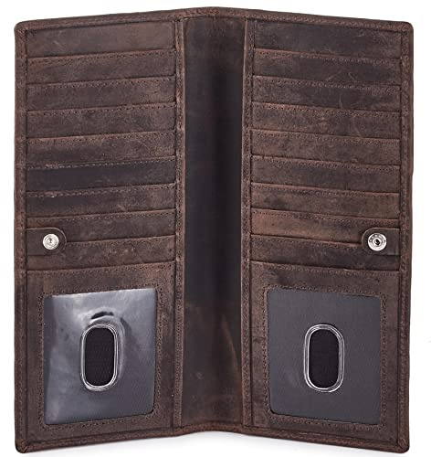 Long Wallet for Men Women Real Leather Bifold RFID Stylish Slim Handmade 2 ID Window Credit Card Holder in Gift Box (Coffee, Crazy Horse)