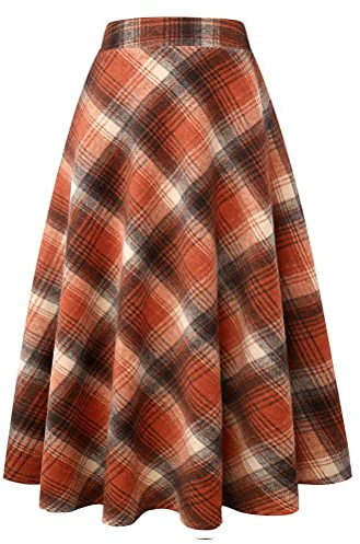 Jupe Longue en Laine à Carreaux pour Femme - Chaude - Taille Haute élastique - Ligne A - Jupe Tartan plissée en Laine plissée, Orange, Taille L