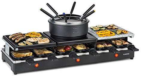 Klarstein Fonduelette XL - Raclette 3 en 1, Potencia 1650 W, 3 resistencias de acero inoxidable, Placa de piedra, Parrilla de metal, Para 12 personas máx., Capa antiadherente, Antideslizante, Negro