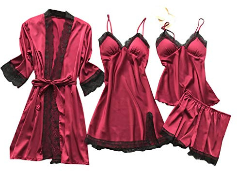 Lazzboy Dessous Frauen Silk Lace Babydoll Nachtwäsche Nachthemd Pyjamas Set Kimono Damen Morgenmantel Satin Bademantel Seide Roben V Ausschnitt Mit Blumenspitze (Rot,5XL)