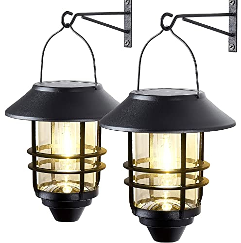 2 Pack Solar Lantern Outdoor, Waterproof Stainless Steel Glass Hanging Solar Lights Outdoor Garden for Outside,Fence,Wall,Porch Light