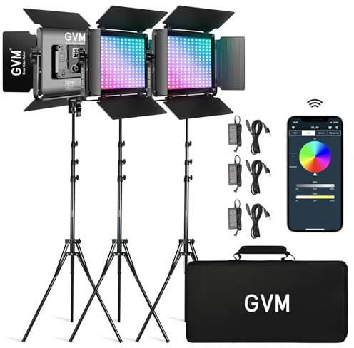 GVM 880RS RGB Videoleuchte Panel mit Lichtstativ, 3er Pack 60W LED Fotolicht 11200Lux/0,5m 3200K-5600K Fotografie Dauerlicht mit 18 Lichteffekt für YouTube Studio Film Streaming APP Steuerung CRI97+