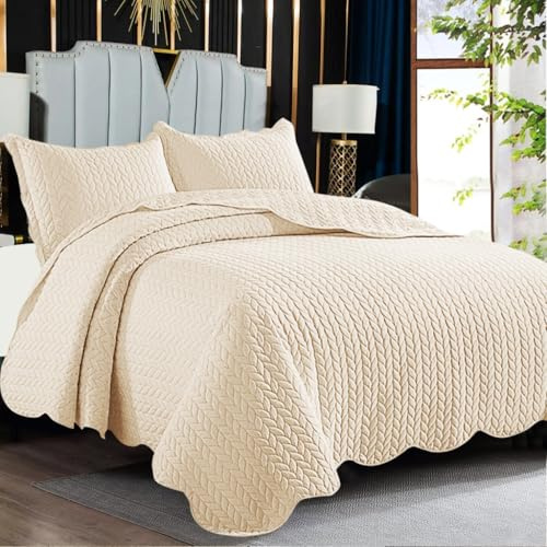 PHP Single Bed Quilted Bedspreads Bed Throw For Bedroom Decor - Embossed Matt Finish Reversible Quilt Coverlets Bedspread Sofa Bed Cover With Pillow Case 185 X 240 cm - Beige Throw