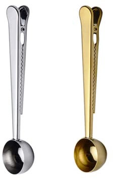 Stainless Steel Coffee Scoop Clip, 2PCS Stainless Steel Coffee Measuring Spoon with Sealed Bag Holder for Tea, Coffee Beans, Protein Powder, Instant Drink (Silver, Gold)