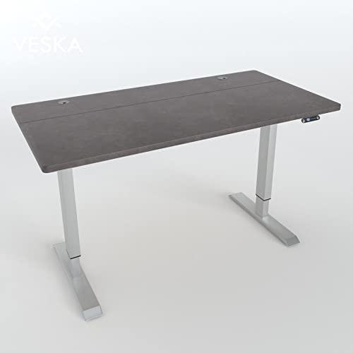 VESKA Höhenverstellbarer Schreibtisch (140 x 70 cm) - Sitz- & Stehpult - Bürotisch Elektrisch Höhenverstellbar mit Touchscreen & Stahlfüßen (Silber/Stein-Anthrazit)