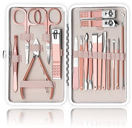 Sadodo Professional 18PCS Pedicure Manicure Set,Portable with Leather Travel Case,Nail Clippers, Grooming Kit Cuticle Remover,Women Manicure Pedicure Tools,Rose Gold