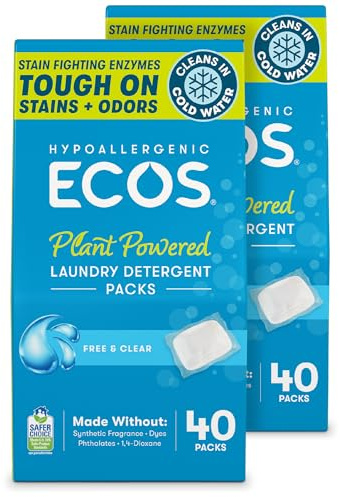 ECOS Laundry Detergent Packs, 80 Loads - 100% Plastic Free Packaging - Convenient No Mess Washing Soap Packs - Hypoallergenic for Sensitive Skin - Free & Clear