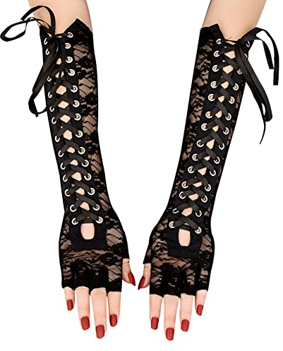 Asudaro Damen Punk Lange Handschuhe, Polyester Spitzenhandschuhe Fingerlose Brauthandschuhe Opera Fest Party Hochzeit Braut Handschuhe 1920er Stil Handschuhe Hochzeitsfest-Abschlussball Schwarz