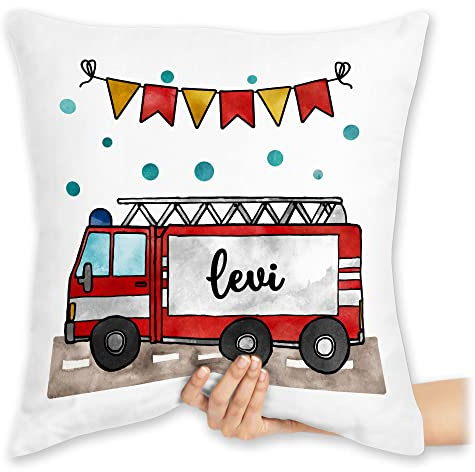Kissen 40x40 Zierkissen - Feuerwehrauto Motiv I Leiterwagen Geschenk Feuerwehr I Löschzug - 40 x 40 cm - Weiß - kuschelkissen jugendfeuerwehr Name kissenhülle feuerwehrgeschenk feuerwehrmann