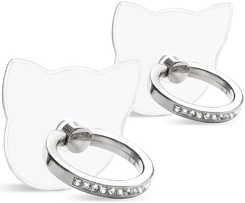 [2 Pack] Transparent Cat's Head Diamond Setting Cell Phone Ring Holder Stand,360 Degree Rotation and 180 Degree Adjustable Finger Ring Kickstand with Polished Electroplated Phone Grip