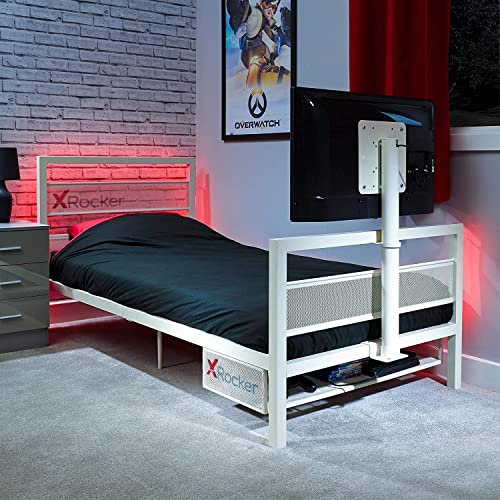 X-Rocker Basecamp TV Gaming Bed with Rotating TV Mount, Storage and Cable Management, Single 3ft Low Sleeper Bedstead, Metal Frame, Kids Bedroom, Up to 32 TV Supported with Mattress Included - White