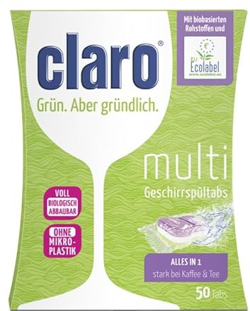claro Multi All-in-1 Geschirrspül-Tabs | 50 Stück Öko-Spülmaschinen-Tabs | Phosphatfrei & Vegan | wasserlösliche Folie