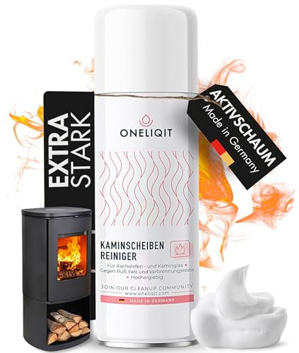 ONELIQIT® Kaminglasreiniger extra stark 300ml, Kaminscheibenreiniger mit Hochleistungs Aktivschaum Rezeptur für die effektive Beseitigung von hartnäckigen Verbrennungsrückständen