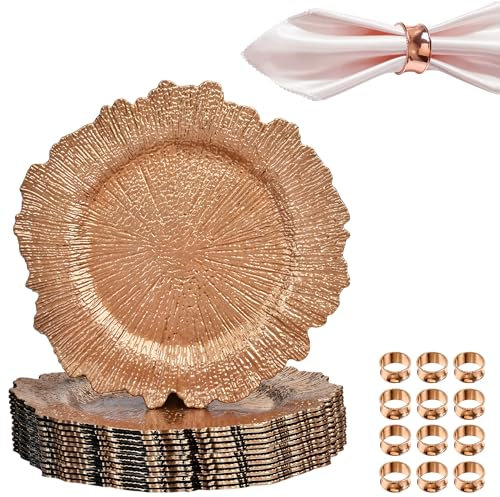 WedDecor 13-Inch Rose Gold Glass Charger Plates Set of 12 with Vintage and Hammered Design Napkin Rings for Weddings, Parties, Events, and Table Decorations