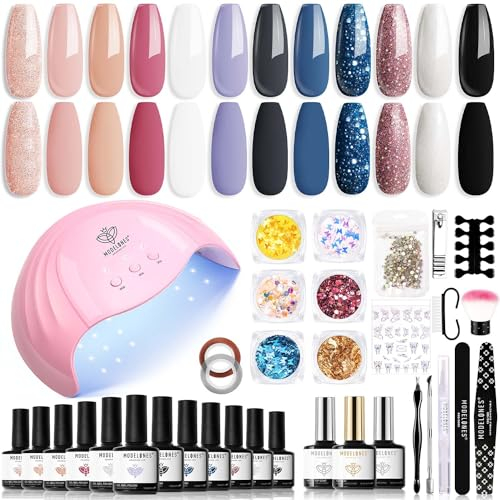 modelones Juego de esmaltes de uñas UV, 12 colores, brillante, rosa, blanco y negro, lámpara UV para uñas de gel de 48 W, esmalte de uñas, base de gel de uñas, set de manicura