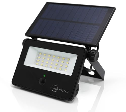 Auraglow Solar Security Flood Light with PIR Motion Sensor, 1 Pack | 850 lumen daylight white, IP54 weather resistant, adjustable angle, for garden, patio, fence and driveway