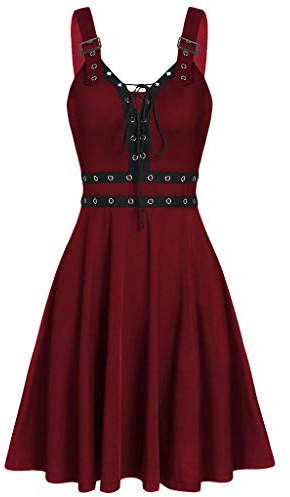 Gothic Kleidung Damen Sexy Kleid, Rockabilly Cocktailkleid Kurz Elegant | Steampunk Partykleid Einfarbig Ärmellos Trägerkleid V-Ausschnitt Bindegürtel Sommerkleid Hohe Taille A-Linie Abendkleid