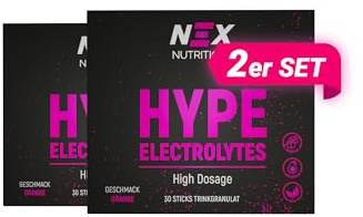 NEX Hype Elektrolytes - Hochdosierte Elektrolyt-Sticks nach schweißtreibender Aktivität - nach dem Sport, Fitnesstraining oder Festival | Elektrolyte ohne Zucker | Natrium, Kalium & Magnesium, 2er Set