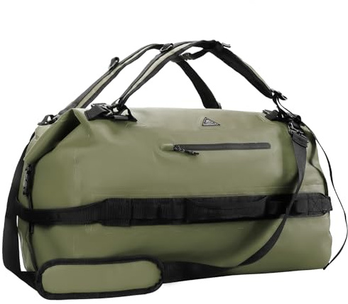 Haimont IPX7 Wasserdichter Rolltop Dry Duffel Reisetasche Seesack | Armeegrün Rucksack Bag 60/90L Größen wasserdicht Tasche Boot Kajak Strand Kanu Camping 500D Tarpaulin, Netztaschen