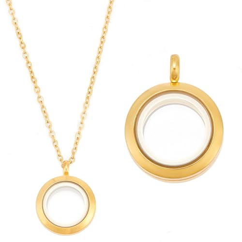 DELORIGIN 2 Stück Goldfarbene Runde Foto Charm Halskette Aus Edelstahl Mit Medaillon Anhängern Und Kristallen Doppelseitiger Rahmen Memory Charm Für Hochzeitsschmuck Halskette Innen: 13mm