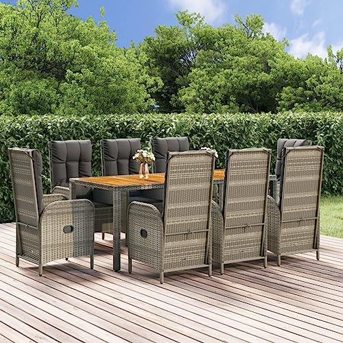 WEMYUFURN 9-TLG. Garten-Essgruppe mit Kissen Grau Poly Rattan, Outdoor-Sitzgruppe, Terrassen-Lounge-Set, Garten-Couchgarnitur - Wetterbeständig, Komfortabel - für Terrasse, Garten und Balkon