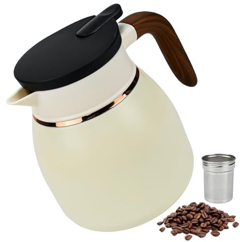 KNGNGK 1.1L Thermal Carafe Pot Stainless Steel Double-Walled Vacuum Carafe Pressing Type Insulated Jug with Detachable Tea Strainer for Coffee, Tea, Water (White)