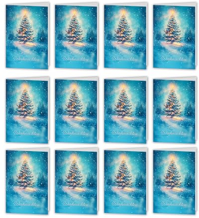 12er Set Weihnachts-Klappkarten mit Umschlägen | Prächtiger Weihnachtsbaum in Winterlandschaft – Aquarell-Design | Hochwertige A6 Karten aus 300g Chromokarton