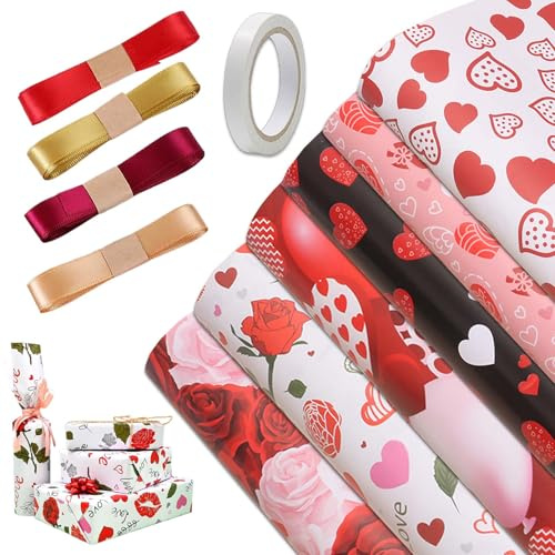 Feuilles de Papier Cadeau pour La Saint-Valentin，Rouleau Papier Cadeau Noel à Coeur，Papier Cadeau Anniversaire，avec Rubans Magnifiques, pour Noël Anniversaire Mariage Thanksgiving Cadeau de Naissance