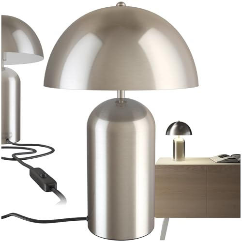 tectake® Tischlampe in Pilzform - Vintage Design Tischleuchte, Leselampe, Nachtlicht für Wohnzimmer - Kleine Retro Nachttischlampe Mit Kabel - Nickel Matt