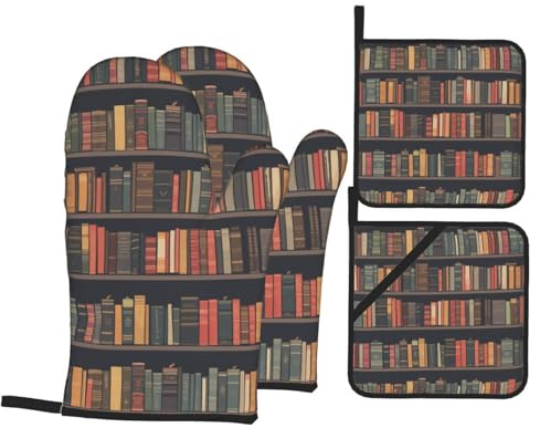 4 Pcs Bookshelf Books Oven Mitts and Potholders,Kitchen Oven Glove with Pot Holders,Non-Slip Gloves High Heat Resistant 500 Degree for BBQ, Grill, Baking, Cooking, Oven, Microwave