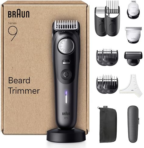 Braun Barttrimmer Series 9, mit 14 Barber-Tools, Power Boost & Lebenslang scharfe ProBlade Klinge, 180 Min Akkulaufzeit, Mit Fade, 52 Längen, Präzisionsrad & Verriegelung, Wasserdicht, BT9565, Titan
