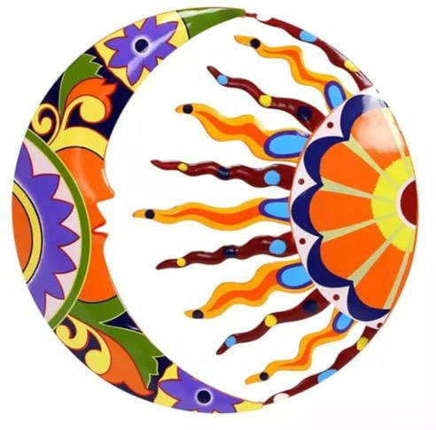 Metall Sonne und Mond Wandkunst Dekor Bunte Handgefertigte Mexikanische Wandskulpturen Hängende Wanddekoration Sonne und Mond Hängende Dekor für Innen Außen Wohnzimmer
