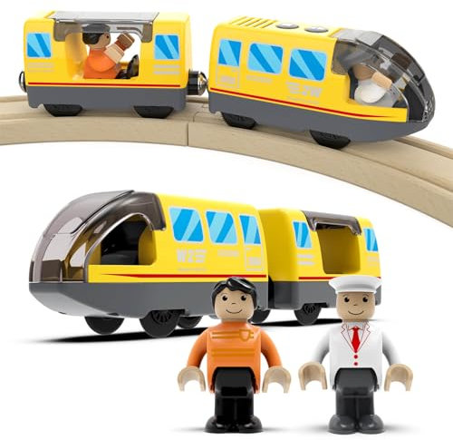DxxD Tren a pilas para pista de madera, juguete de tren motorizado para niños de 3, 4 y 5 años en adelante, juego de accesorios de tren eléctrico con conexión magnética compatible con Thomas Brio
