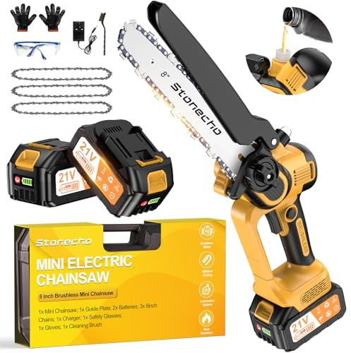 Stonecho Mini Chainsaw 8 Inch, 2025 Upgraded 2x4000mAh Battery Chainsaw with Oiler System, Brushless Motor Mini Chainsaws Cordless, 36.5FT/S Chain Speed, for Garden Tree Branch Cutting, with 3 Chains