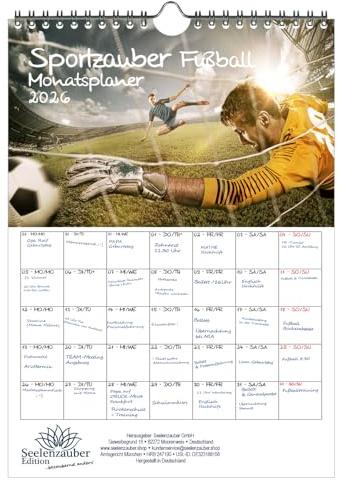 Sportmagi fotboll planerare DIN A4 kalender för 2026 fritid sport fitness – presentset innehåll: 1 x kalender, 1 x julhänge (totalt 2 delar)
