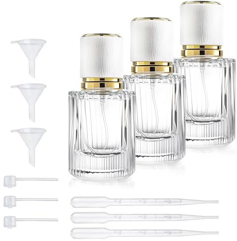 H&D HYALINE & DORA Refillable Glass Perfume Spray Bottle, 3 Pcs 30ml Travel Atomiser, Portable Aftershave Dispenser With Refill Pump for Holiday Travel (White)