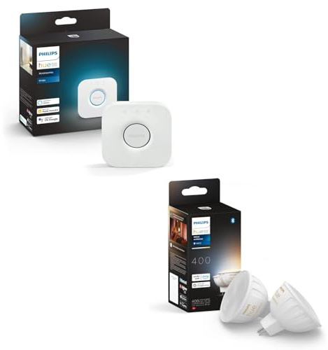 Philips Hue Starterpaket GU5.3 mit 2 Spots (MR16) Inkl.1 Hue Bridge - Hue White Ambiance LED Lampen für das Hue Lichtsystem mit allen Weißtönen, smarte Lichtsteuerung über Sprache und App