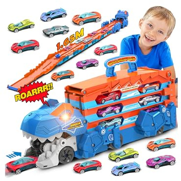 TERRAMUS Camion de transport Dinosaure - Jeu de jouets de voiture 3 en 1 avec éjection, piste pliante portable pour enfants avec 8 voitures de course, jeu de jouets de voiture portable pour enfants