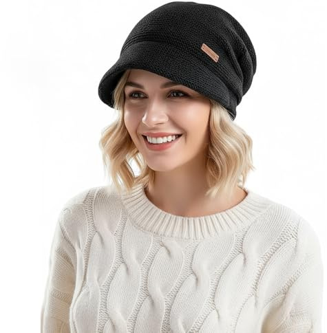 Aurafly Winter Knit Hat for Women Warm Slouchy Beret with Visor Thermal Ear Protection Hats Warm Fleece Lined Knitted Beanie Hat for Ladies 55-60CM (UK, Alpha, One Size, Black)
