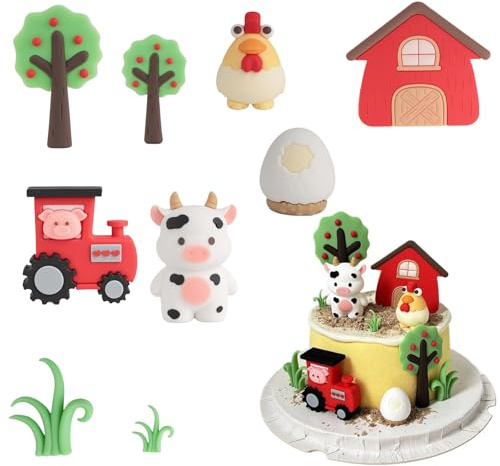 9 PCS Farm Animal Cake Toppers - Farm Themed Birthday Decorations Cute Barnyard Animal Cake Toppers, Big Barn Farm Party Supplies, Tractor Cake Decorations for Kids, Animal Topper Cow