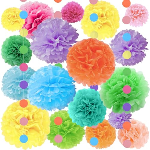 18 Stück Seidenpapier Pompons Papier PomPoms Blumen Tissue Ball Pom Poms Girlande Party Dekorationen Kit für Hochzeit Geburtstag Baby Dusche Babyparty Valentinstag Gartenparty Deko (Bunt)