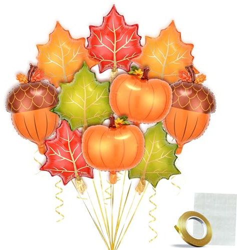 LIANRISES 10 Pezzi Ringraziamento Palloncini, Palloncino Foil Zucca, Decorazioni Autunno, Foglie D'Acero, Pini, Giorno Del Ringraziamento, Feste Di Compleanno, Natale, Halloween, E 10M Nastro