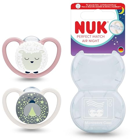 NUK Perfect Match Air Night Baby-Schnuller | 6-18 Monate | Leuchtende Schnuller, die Luftzirkulation fördern & Speichelrash verhindern | 95% Baby-Akzeptanz** | Schaf | 2 Stück