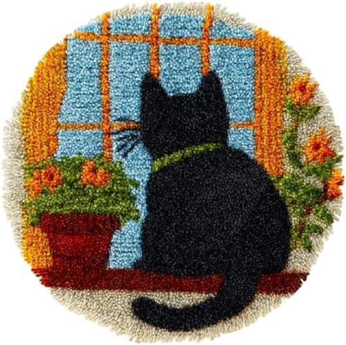 Wallphantom Kit Tappeto Gancio a Scatto,Simpatico gatto nero seduto sulla finestra,Tappeto Annodare DIY Creativo,Set di Tappeti da Ricamo,Tappetino a gancio,Modello di colore prestampato,50x50cm