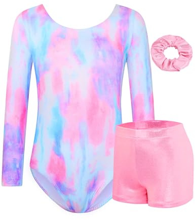 Levasuph Gymnastics Leotards for Girls Size 10-12 Years Old Pink Purple Blue Bodysuit with Shorts Set Long Sleeve Dance Outfits