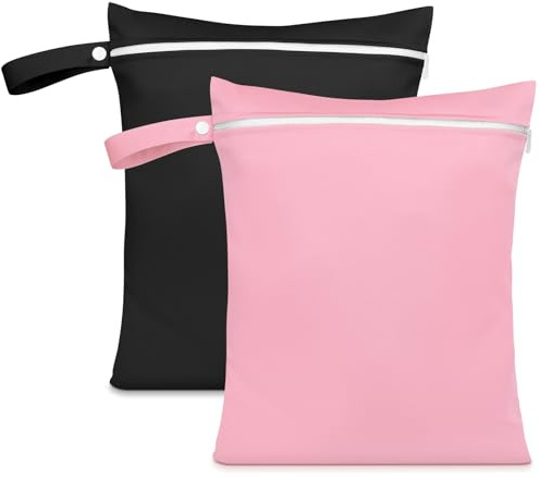 AOOSA 2 Pezzi Sacchi Borse da Viaggio,Riutilizzabile Borsa Pannolini | con cerniera e manici,Sacchetti per la Biancheria Impermeabile per Costume da Bagno Spiaggia Gym(Nero + Rosa)