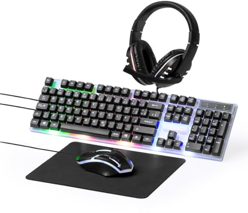 Generico Set da Gamer Retroilluminato LED con Cavo USB Tastiera Mouse Ottico Cuffie Jack