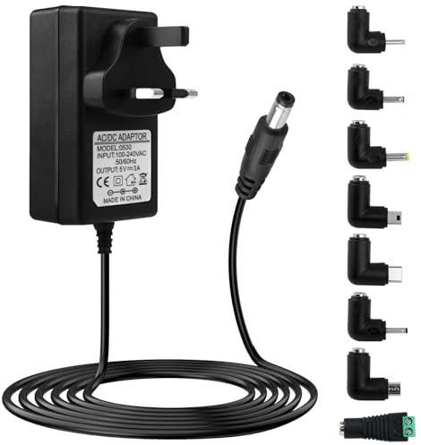5V DC Power Supply 5V DC 3A 2A 1A Adapter Charger with 8 Tips AC 100-240V to DC 5 Volt 3A 2.5A 2A 1.5A 1A Converter for Baby Monitor Speaker LED Strip Light TV Box Record Player 15W Max, 1M Cord