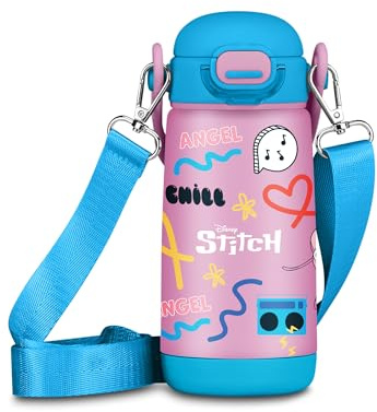 Seven Gourde enfant avec bandoulière Angel Lilo & Stitch, bleu, 400 ml, en acier inoxydable, sans BPA, hermétique, chaud 12 h/froid 24 h, anti-fuite, école, sport, voyage, idée cadeau